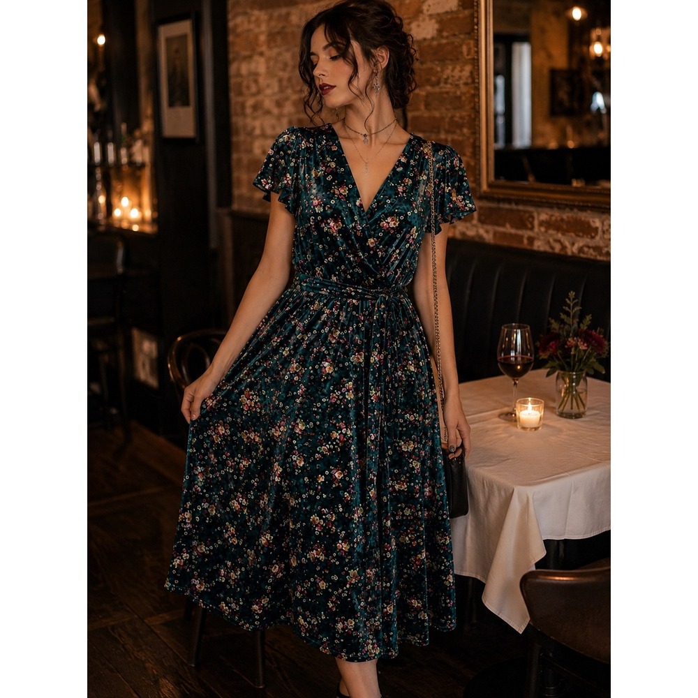 ModCloth Emerald Green Velvet Floral Wrap Dress Romantic Whimsigoth Fairycore M